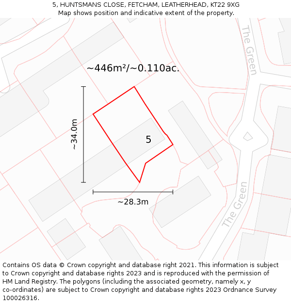5, HUNTSMANS CLOSE, FETCHAM, LEATHERHEAD, KT22 9XG: Plot and title map