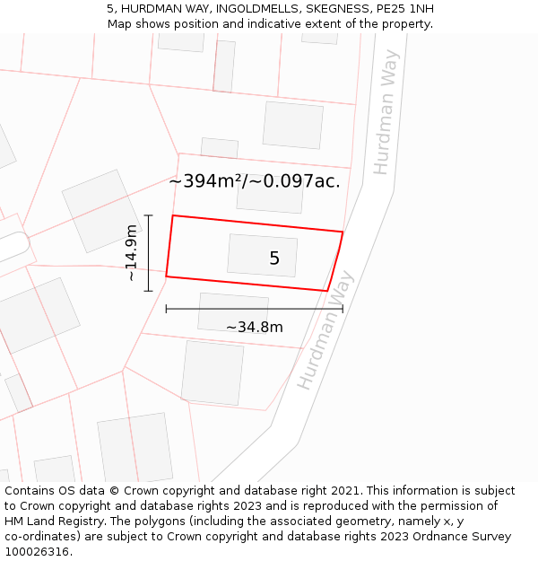 5, HURDMAN WAY, INGOLDMELLS, SKEGNESS, PE25 1NH: Plot and title map
