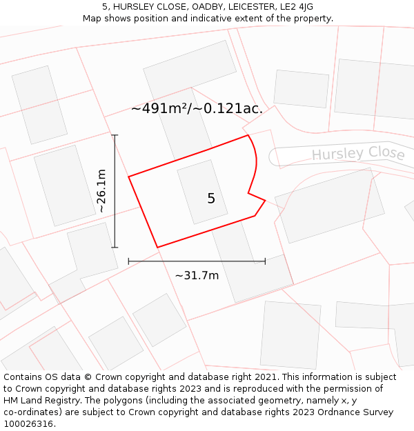 5, HURSLEY CLOSE, OADBY, LEICESTER, LE2 4JG: Plot and title map