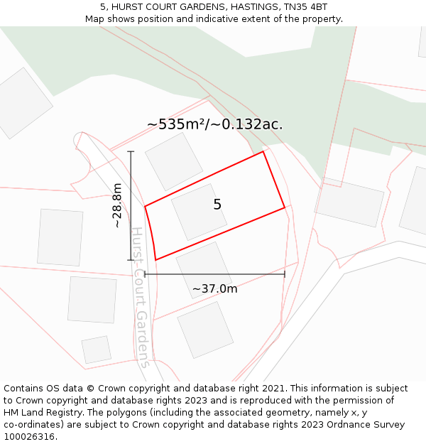 5, HURST COURT GARDENS, HASTINGS, TN35 4BT: Plot and title map