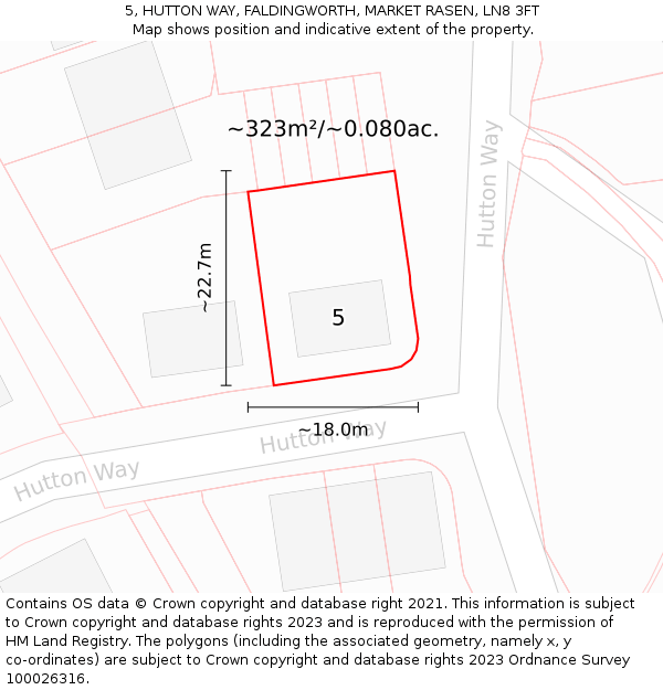 5, HUTTON WAY, FALDINGWORTH, MARKET RASEN, LN8 3FT: Plot and title map
