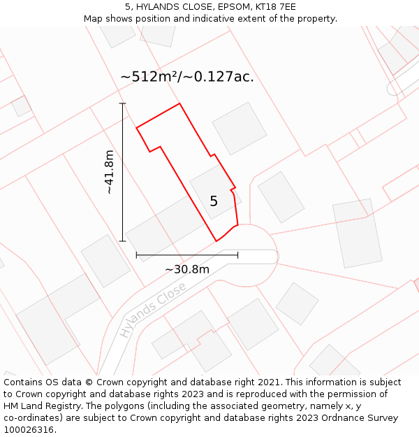 5, HYLANDS CLOSE, EPSOM, KT18 7EE: Plot and title map