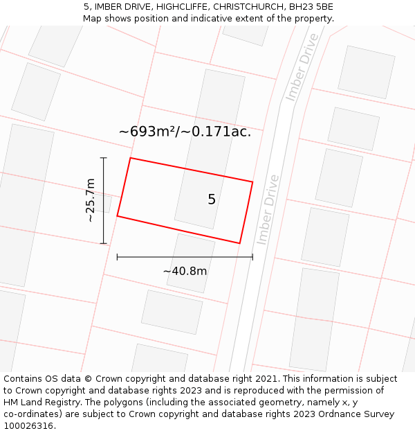 5, IMBER DRIVE, HIGHCLIFFE, CHRISTCHURCH, BH23 5BE: Plot and title map