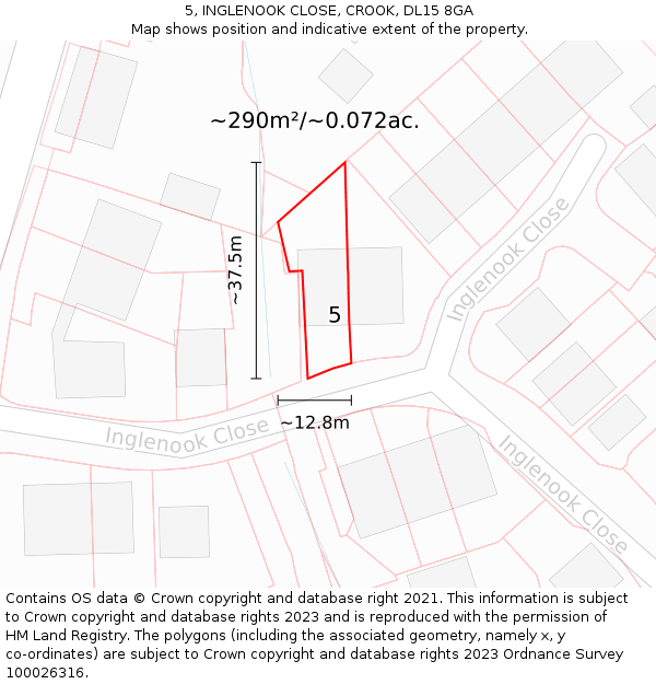 5, INGLENOOK CLOSE, CROOK, DL15 8GA: Plot and title map