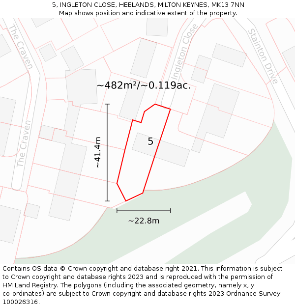 5, INGLETON CLOSE, HEELANDS, MILTON KEYNES, MK13 7NN: Plot and title map