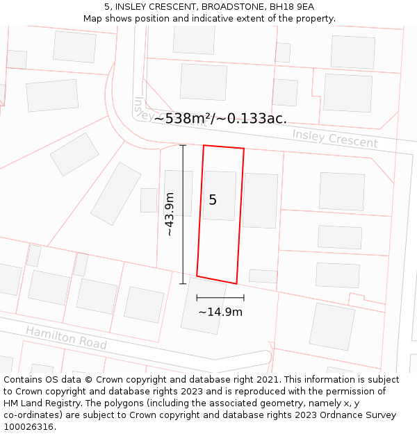 5, INSLEY CRESCENT, BROADSTONE, BH18 9EA: Plot and title map