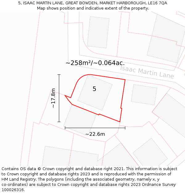 5, ISAAC MARTIN LANE, GREAT BOWDEN, MARKET HARBOROUGH, LE16 7QA: Plot and title map