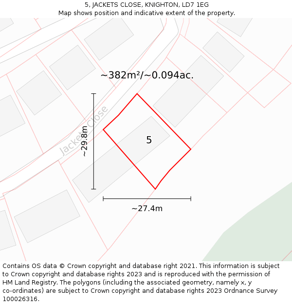 5, JACKETS CLOSE, KNIGHTON, LD7 1EG: Plot and title map