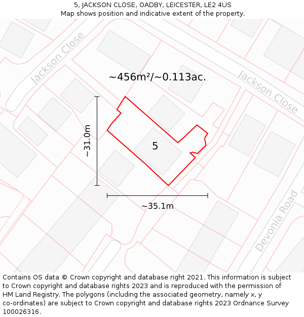 5, JACKSON CLOSE, OADBY, LEICESTER, LE2 4US: Plot and title map