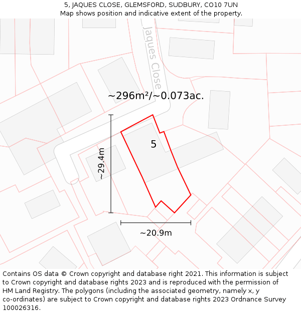 5, JAQUES CLOSE, GLEMSFORD, SUDBURY, CO10 7UN: Plot and title map
