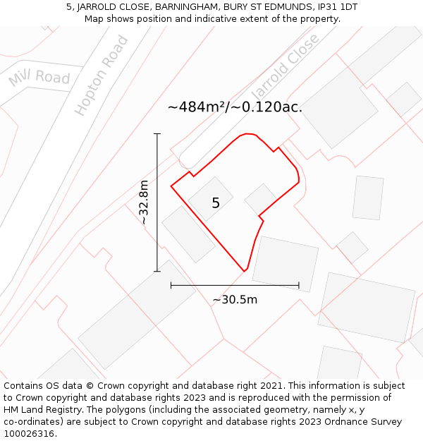 5, JARROLD CLOSE, BARNINGHAM, BURY ST EDMUNDS, IP31 1DT: Plot and title map