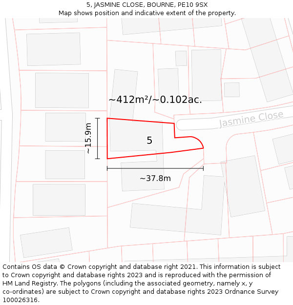5, JASMINE CLOSE, BOURNE, PE10 9SX: Plot and title map