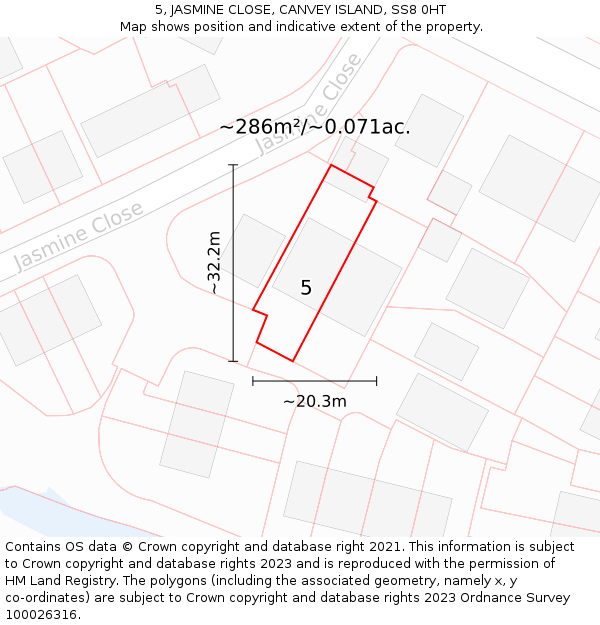 5, JASMINE CLOSE, CANVEY ISLAND, SS8 0HT: Plot and title map