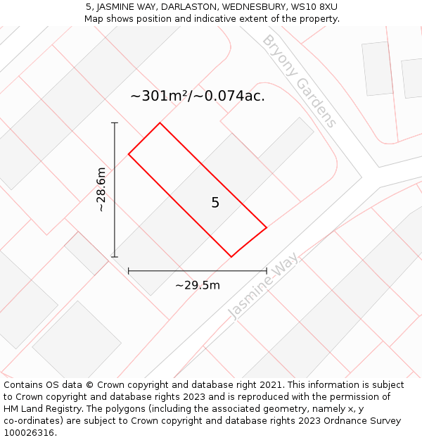 5, JASMINE WAY, DARLASTON, WEDNESBURY, WS10 8XU: Plot and title map