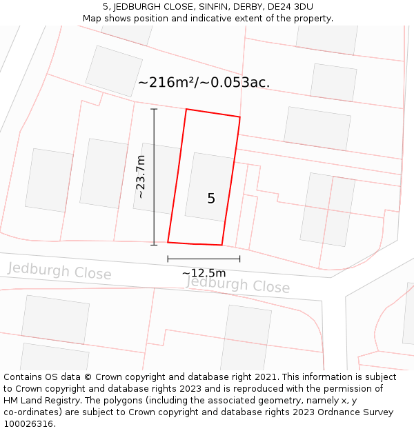 5, JEDBURGH CLOSE, SINFIN, DERBY, DE24 3DU: Plot and title map