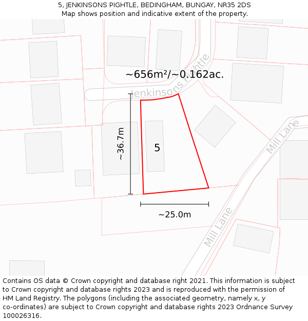 5, JENKINSONS PIGHTLE, BEDINGHAM, BUNGAY, NR35 2DS: Plot and title map