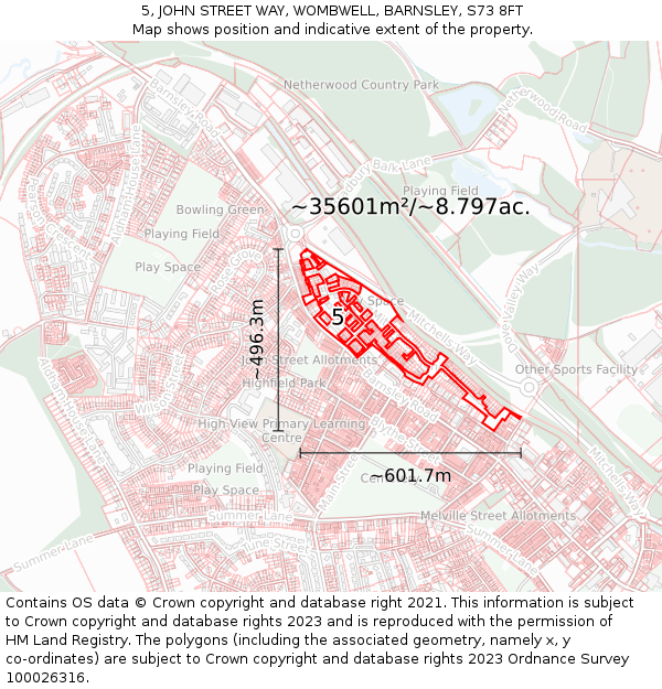 5, JOHN STREET WAY, WOMBWELL, BARNSLEY, S73 8FT: Plot and title map