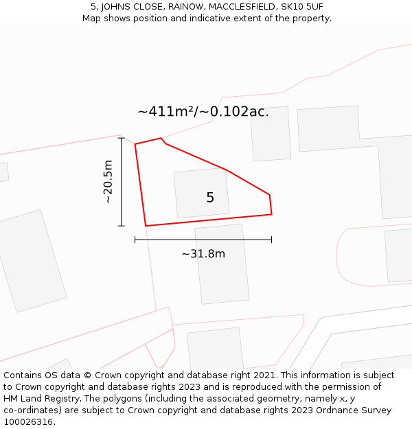 5, JOHNS CLOSE, RAINOW, MACCLESFIELD, SK10 5UF: Plot and title map
