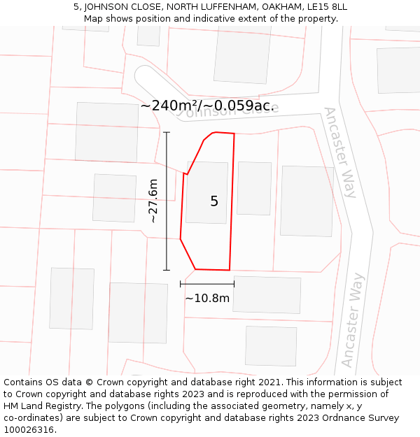 5, JOHNSON CLOSE, NORTH LUFFENHAM, OAKHAM, LE15 8LL: Plot and title map