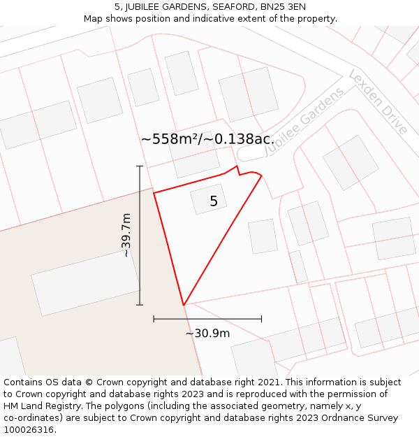 5, JUBILEE GARDENS, SEAFORD, BN25 3EN: Plot and title map