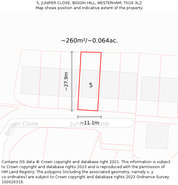 5, JUNIPER CLOSE, BIGGIN HILL, WESTERHAM, TN16 3LZ: Plot and title map