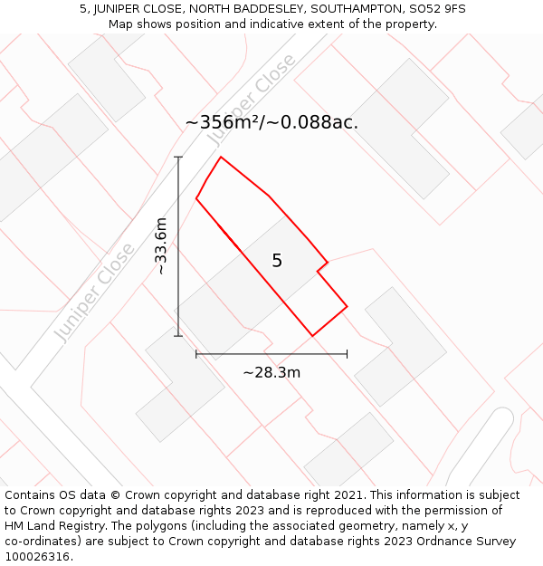 5, JUNIPER CLOSE, NORTH BADDESLEY, SOUTHAMPTON, SO52 9FS: Plot and title map
