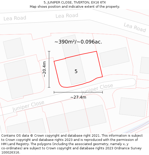 5, JUNIPER CLOSE, TIVERTON, EX16 6TX: Plot and title map