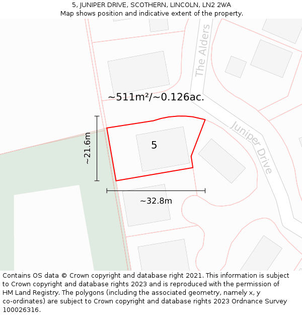 5, JUNIPER DRIVE, SCOTHERN, LINCOLN, LN2 2WA: Plot and title map