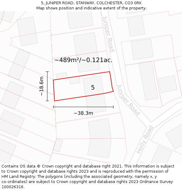 5, JUNIPER ROAD, STANWAY, COLCHESTER, CO3 0RX: Plot and title map