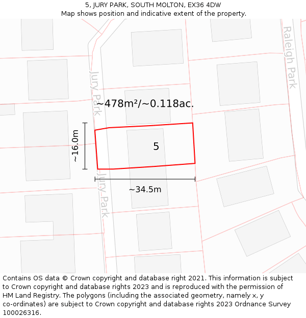 5, JURY PARK, SOUTH MOLTON, EX36 4DW: Plot and title map