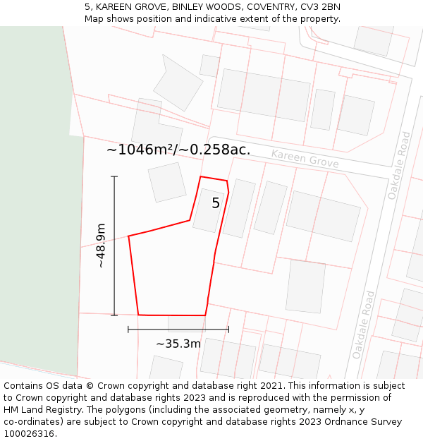 5, KAREEN GROVE, BINLEY WOODS, COVENTRY, CV3 2BN: Plot and title map