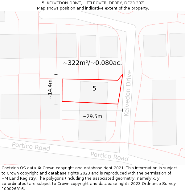 5, KELVEDON DRIVE, LITTLEOVER, DERBY, DE23 3RZ: Plot and title map