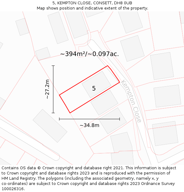5, KEMPTON CLOSE, CONSETT, DH8 0UB: Plot and title map