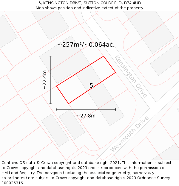 5, KENSINGTON DRIVE, SUTTON COLDFIELD, B74 4UD: Plot and title map