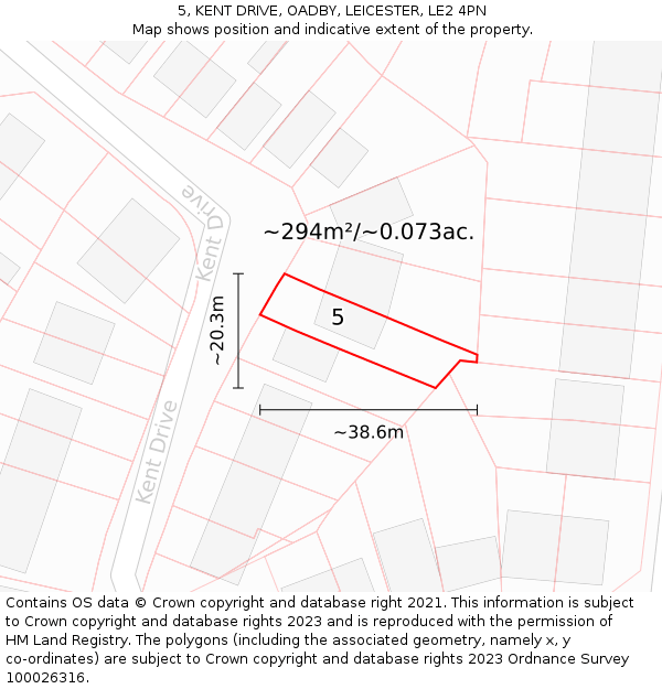 5, KENT DRIVE, OADBY, LEICESTER, LE2 4PN: Plot and title map