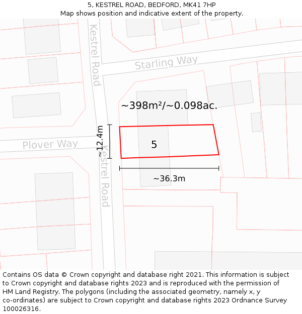 5, KESTREL ROAD, BEDFORD, MK41 7HP: Plot and title map