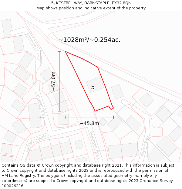 5, KESTREL WAY, BARNSTAPLE, EX32 8QN: Plot and title map