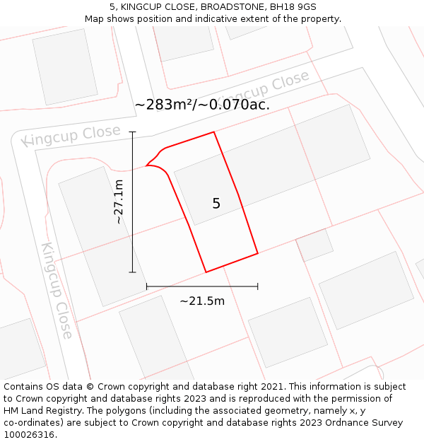 5, KINGCUP CLOSE, BROADSTONE, BH18 9GS: Plot and title map