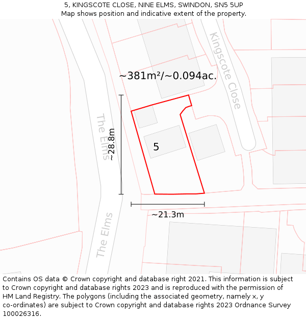 5, KINGSCOTE CLOSE, NINE ELMS, SWINDON, SN5 5UP: Plot and title map