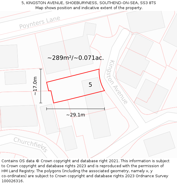 5, KINGSTON AVENUE, SHOEBURYNESS, SOUTHEND-ON-SEA, SS3 8TS: Plot and title map