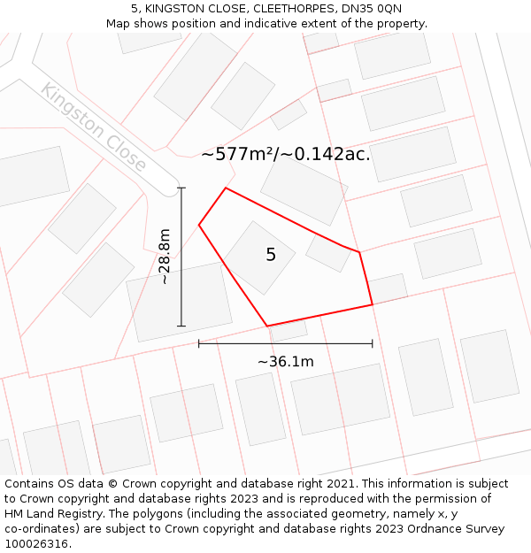 5, KINGSTON CLOSE, CLEETHORPES, DN35 0QN: Plot and title map