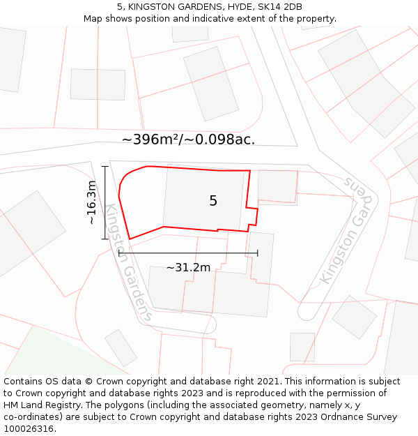 5, KINGSTON GARDENS, HYDE, SK14 2DB: Plot and title map