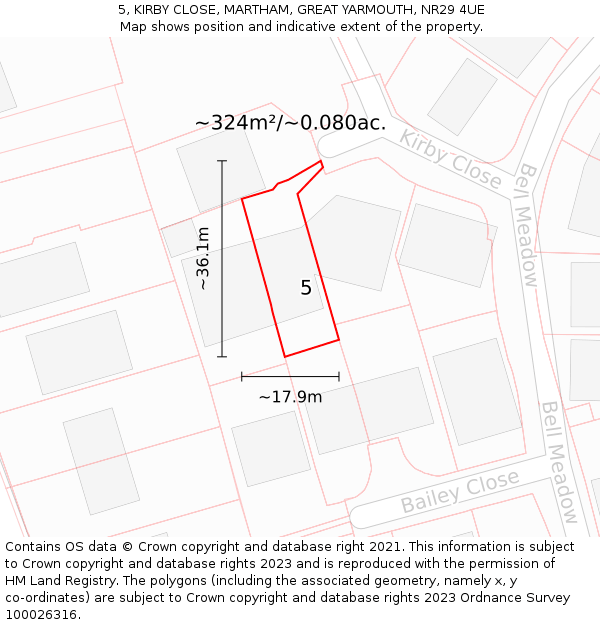 5, KIRBY CLOSE, MARTHAM, GREAT YARMOUTH, NR29 4UE: Plot and title map