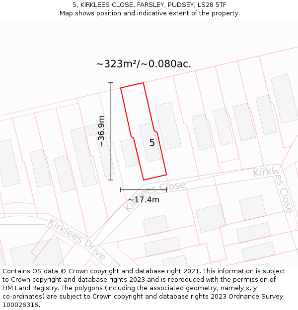 5, KIRKLEES CLOSE, FARSLEY, PUDSEY, LS28 5TF: Plot and title map
