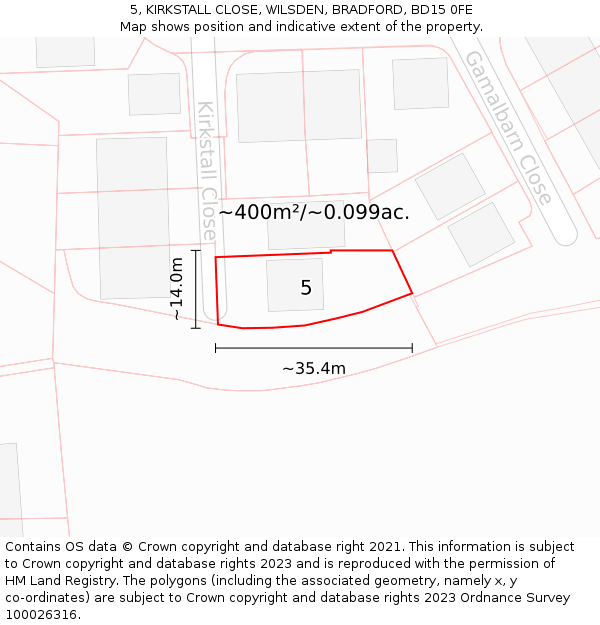 5, KIRKSTALL CLOSE, WILSDEN, BRADFORD, BD15 0FE: Plot and title map