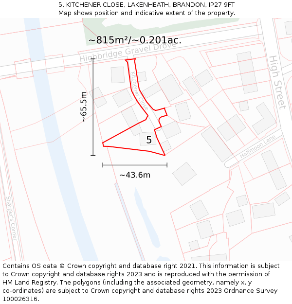 5, KITCHENER CLOSE, LAKENHEATH, BRANDON, IP27 9FT: Plot and title map
