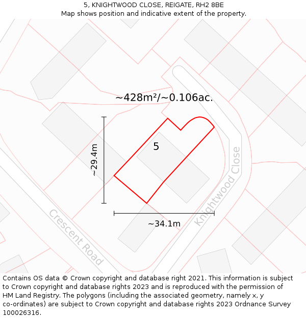 5, KNIGHTWOOD CLOSE, REIGATE, RH2 8BE: Plot and title map