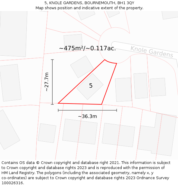 5, KNOLE GARDENS, BOURNEMOUTH, BH1 3QY: Plot and title map