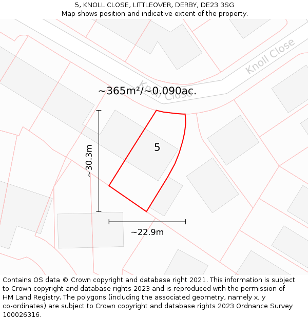5, KNOLL CLOSE, LITTLEOVER, DERBY, DE23 3SG: Plot and title map
