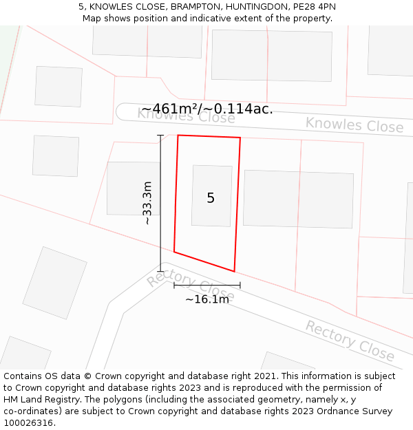 5, KNOWLES CLOSE, BRAMPTON, HUNTINGDON, PE28 4PN: Plot and title map